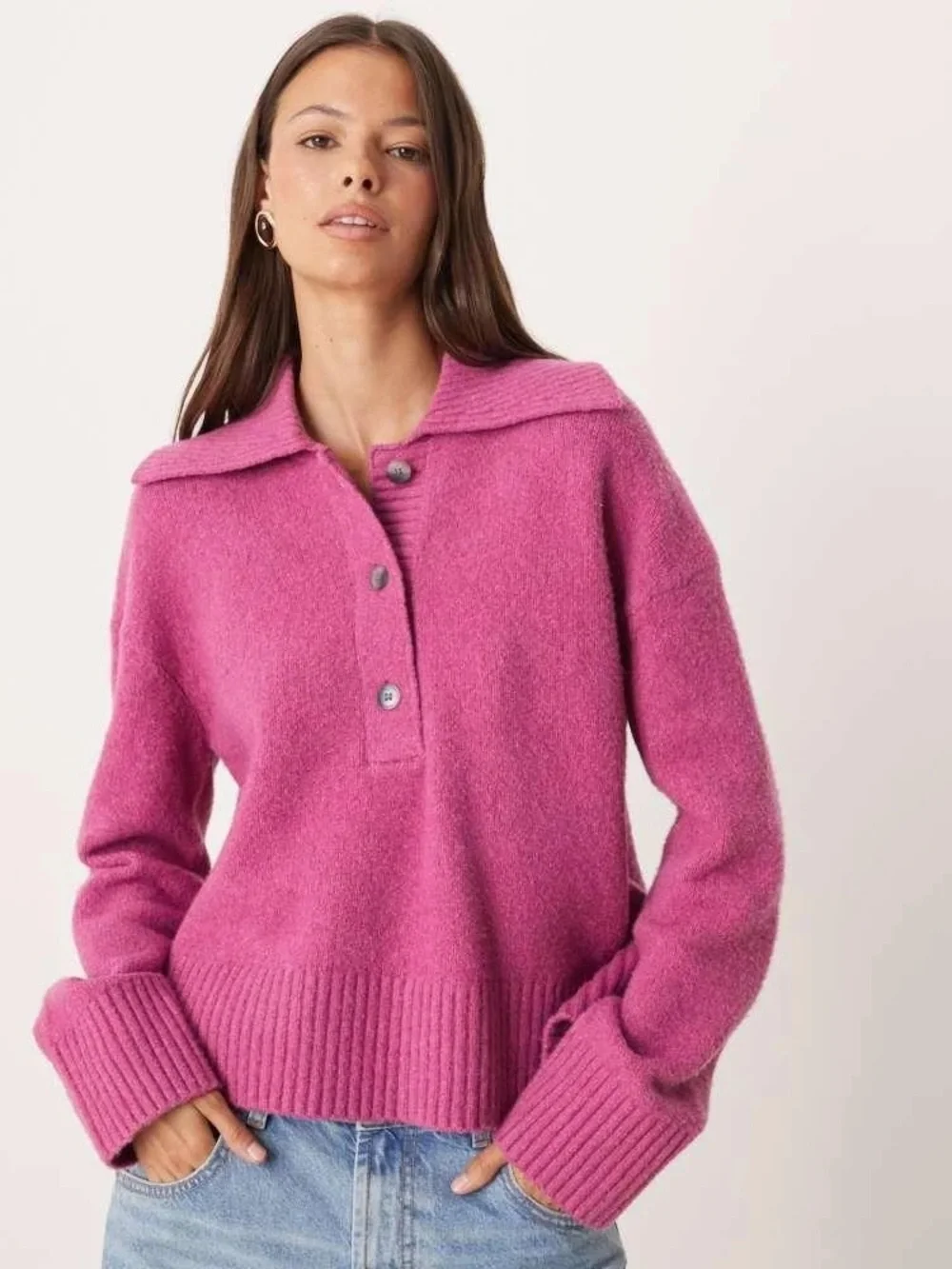 FREE PEOPLE Trading Up Polo Sweater in Magenta Haze Melange M
